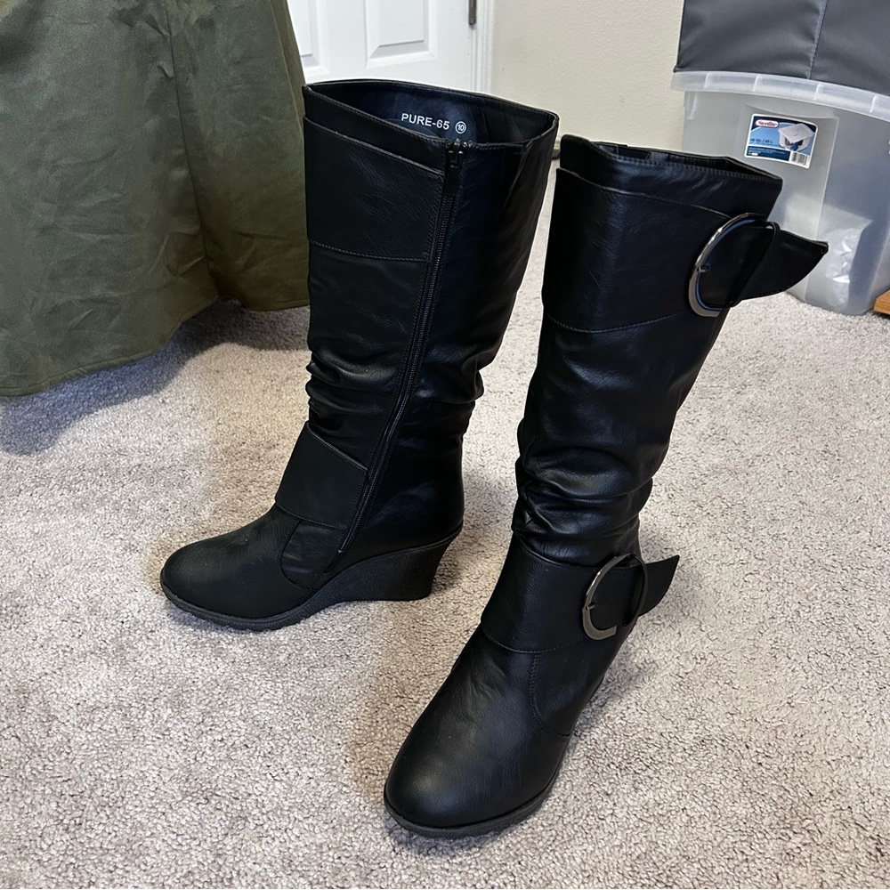 Black Wedge Mid Calf Boots with Buckles